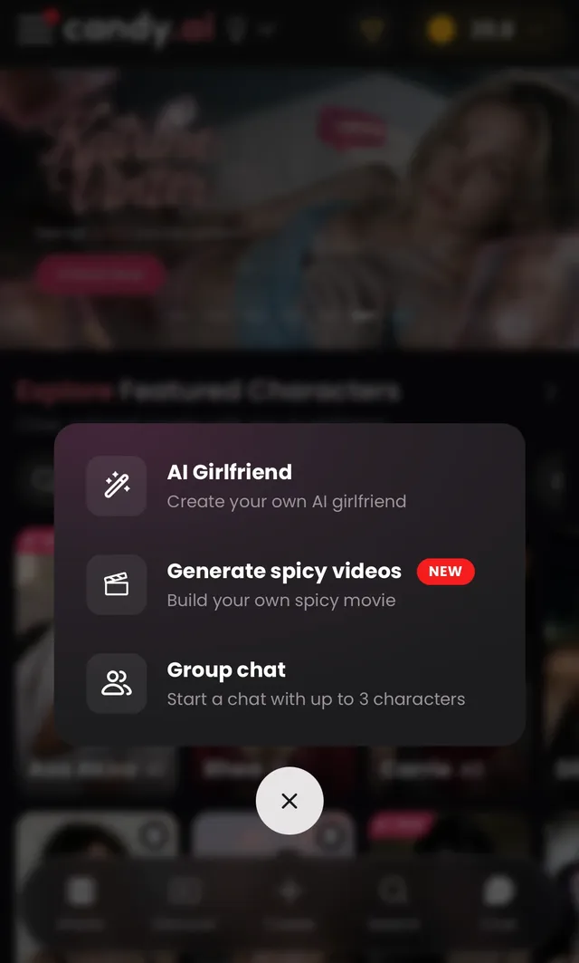 Candy.ai Create menu with Generate spicy videos, marked New, to build your own spicy movie