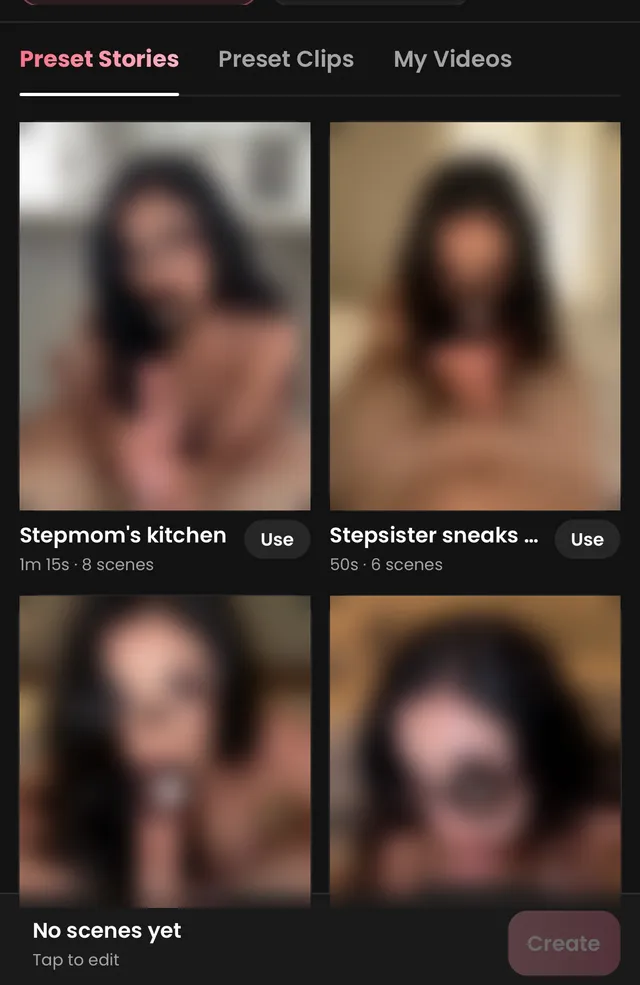 Candy Studio preset stories with length and scene count, thumbnails blurred by us